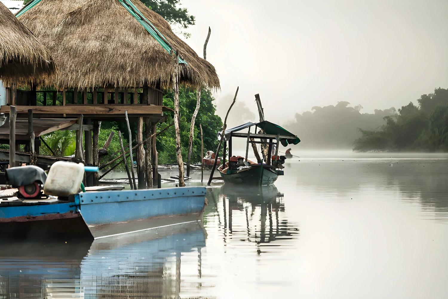Traversée de la jungle luxuriante avec cabanes au bord de l'eau