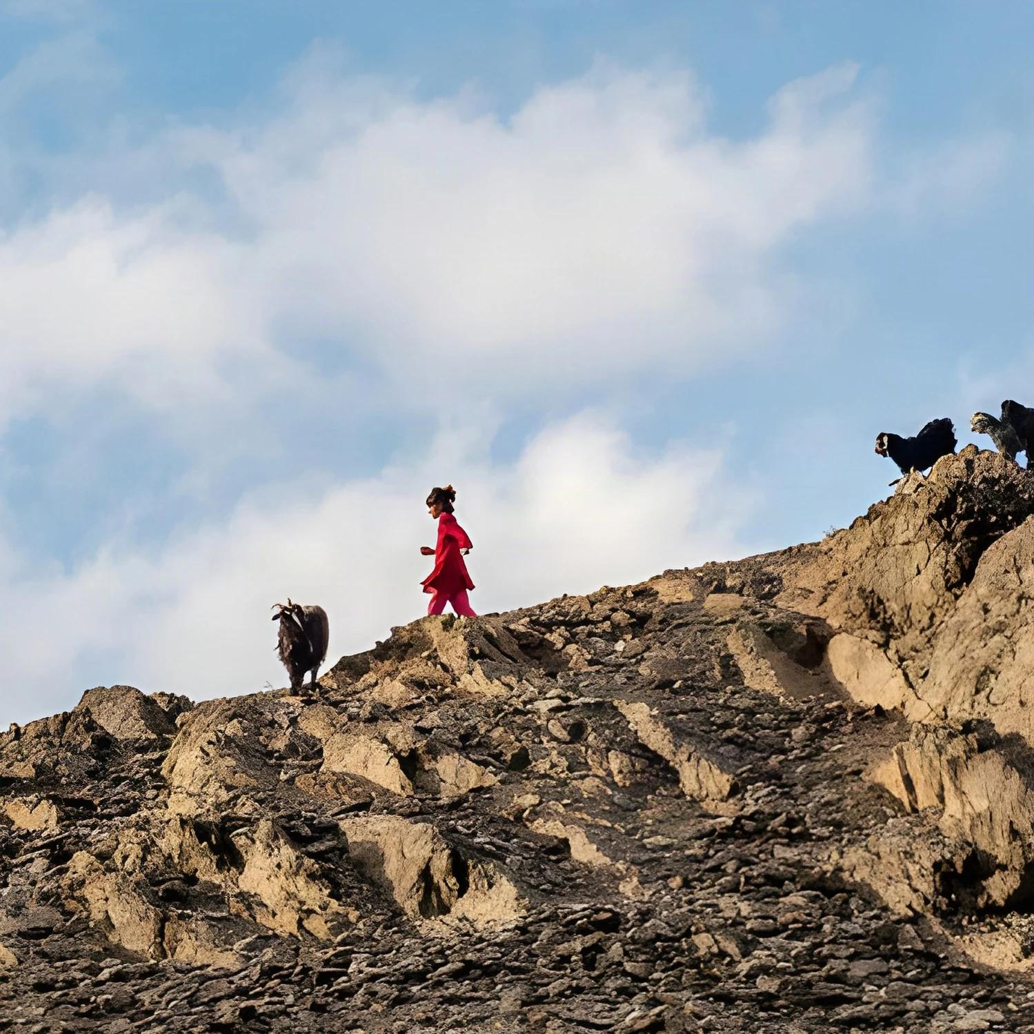 Enfant et chèvres sur les plateaux rocheux de l'Altaï pour le produit Des sentiers aux plateaux de l'Altaï