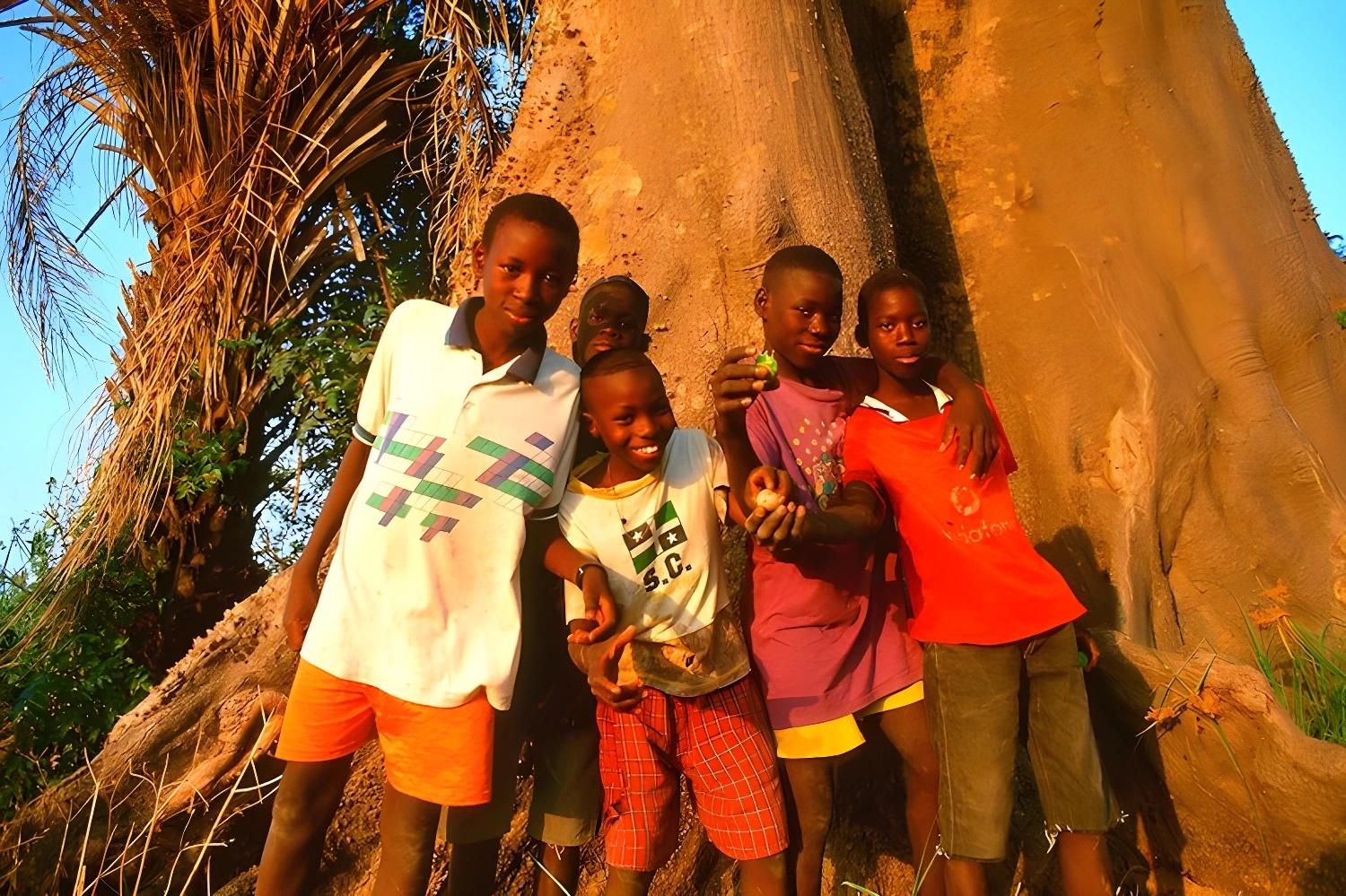 En famille au Siné Saloum : enfants marchant sur un chemin sous un grand arbre