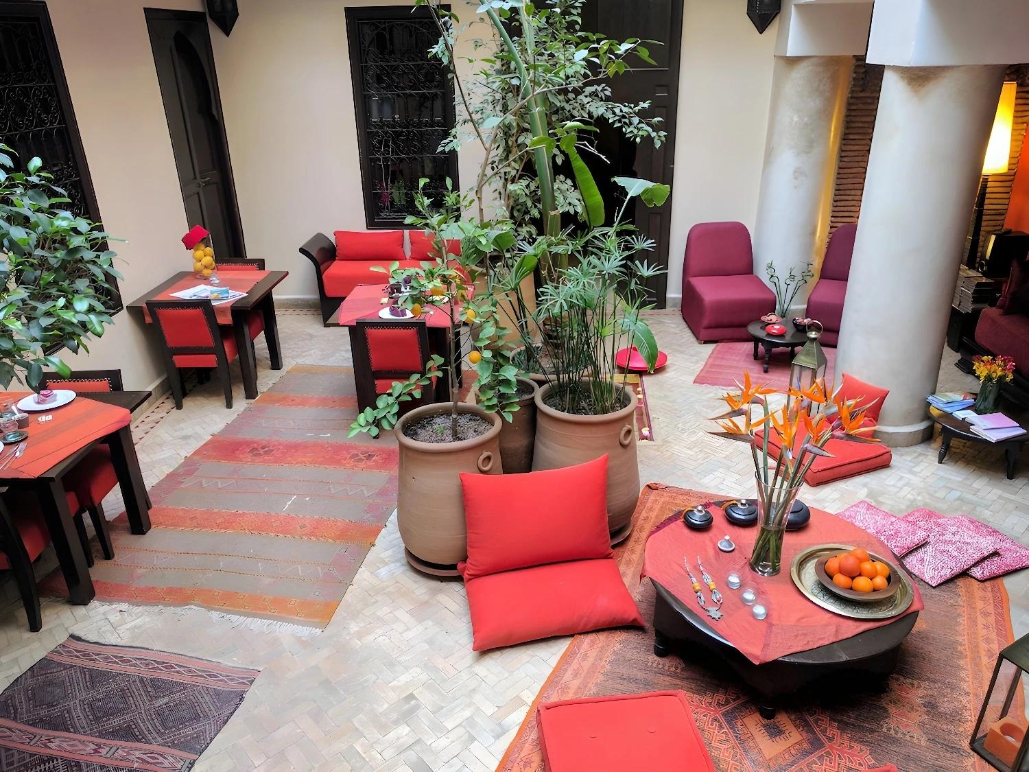 Vue intérieure du Riad Boussa avec des plantes et des sièges confortables.