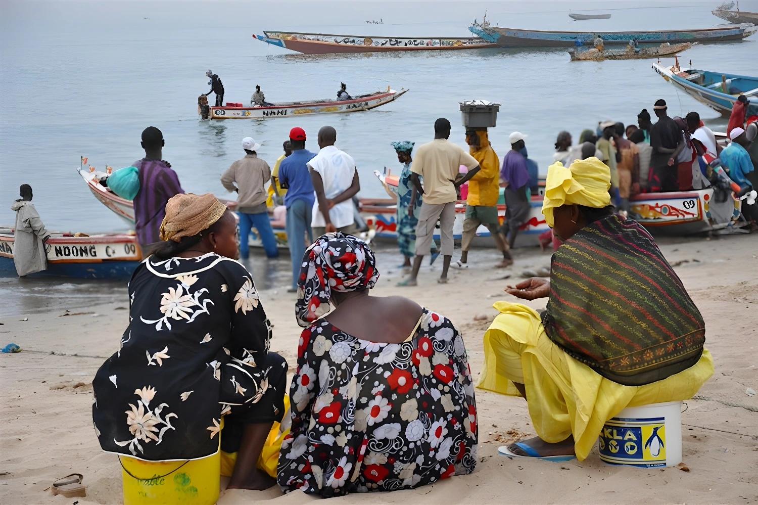 Scène de marché avec des pirogues sur la plage dans le Siné Saloum