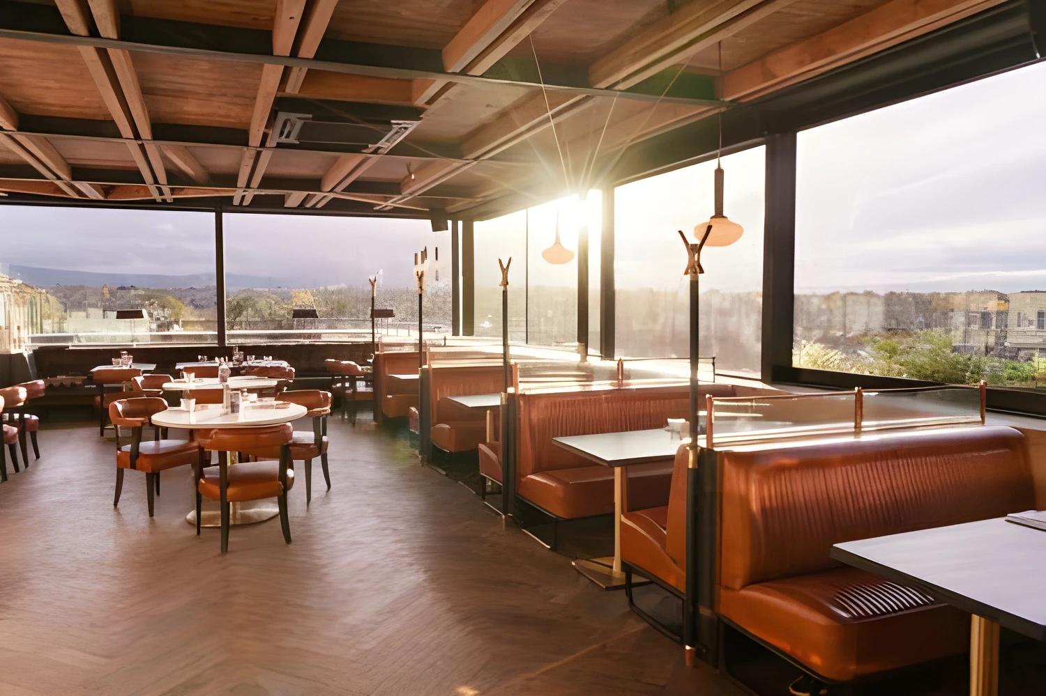 Restaurant lumineux de The Devlin Dublin avec vue panoramique, offrant une atmosphère accueillante.