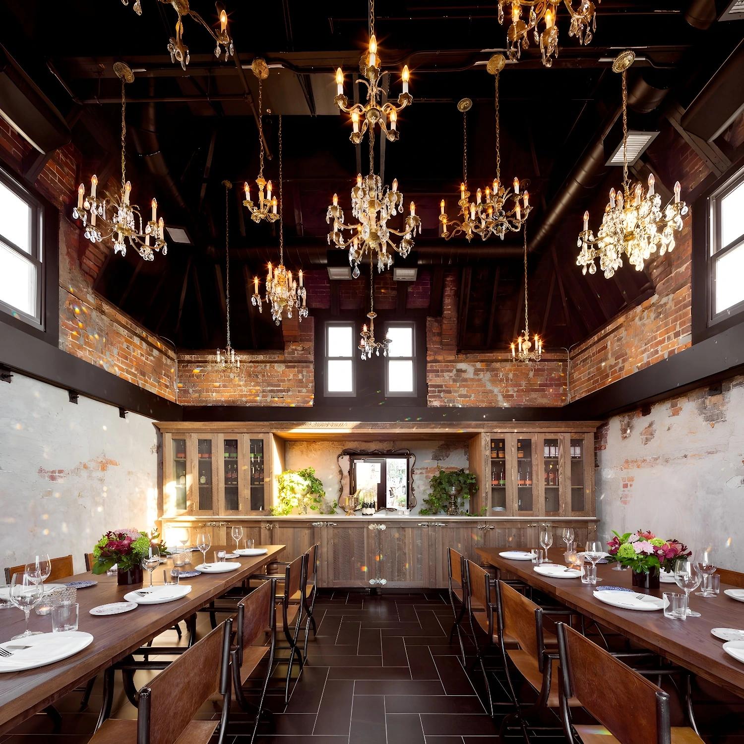 Salle à manger élégante du The Broadview Hotel avec lustres suspendus.