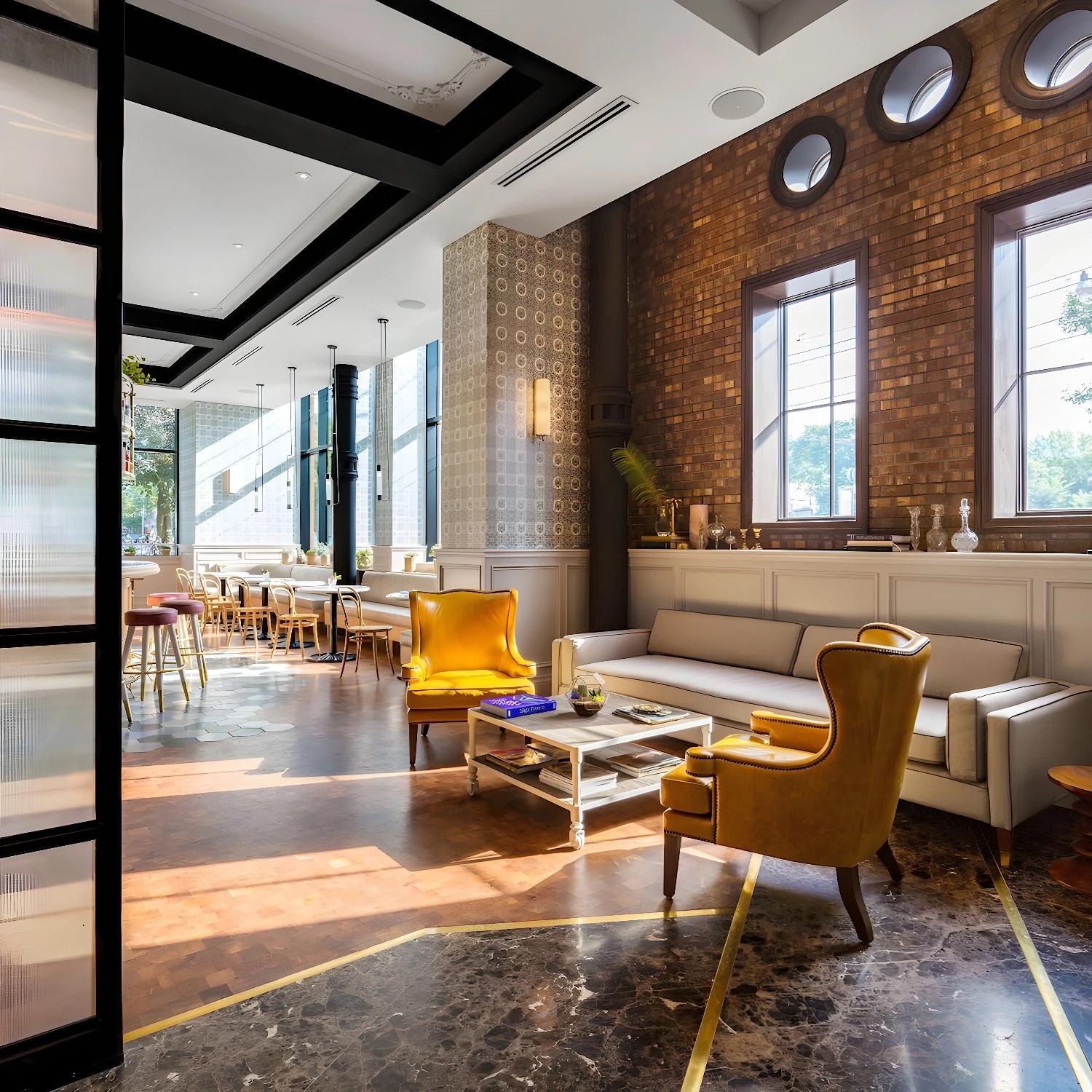 Salon lumineux et accueillant du The Broadview Hotel avec fauteuils confortables.