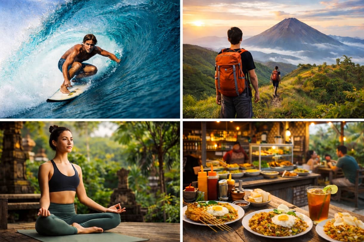 Surf, randonnée, méditation, et gastronomie balinaise en pleine nature. Activités variées à Bali.