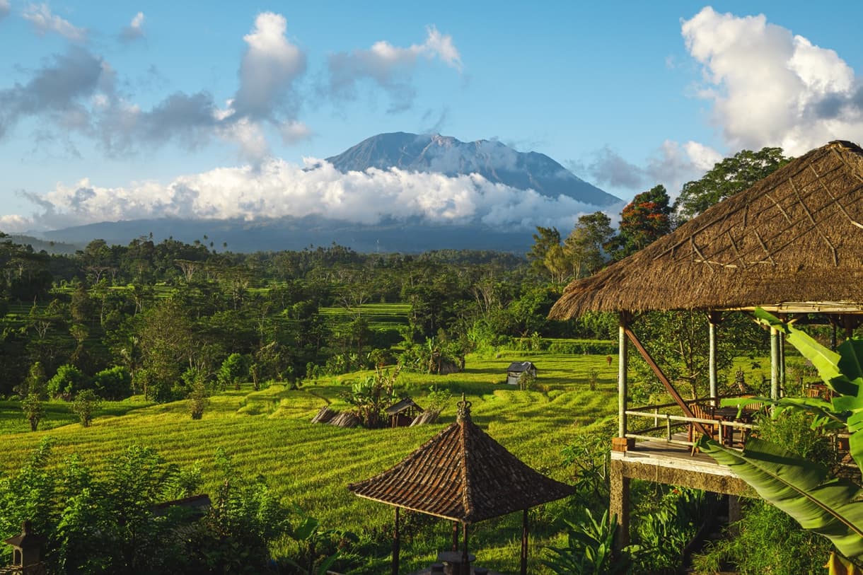 Vue sur le mont Agung, rizières verdoyantes et hébergements de charme à Bali, Indonésie