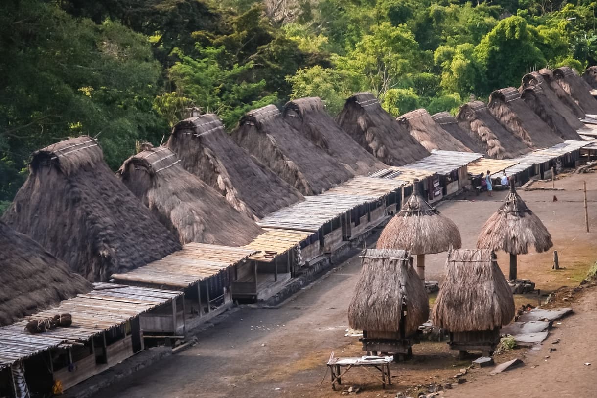 Village traditionnel de Tenganan avec maisons en toit de chaume, entouré de verdure à Candidasa