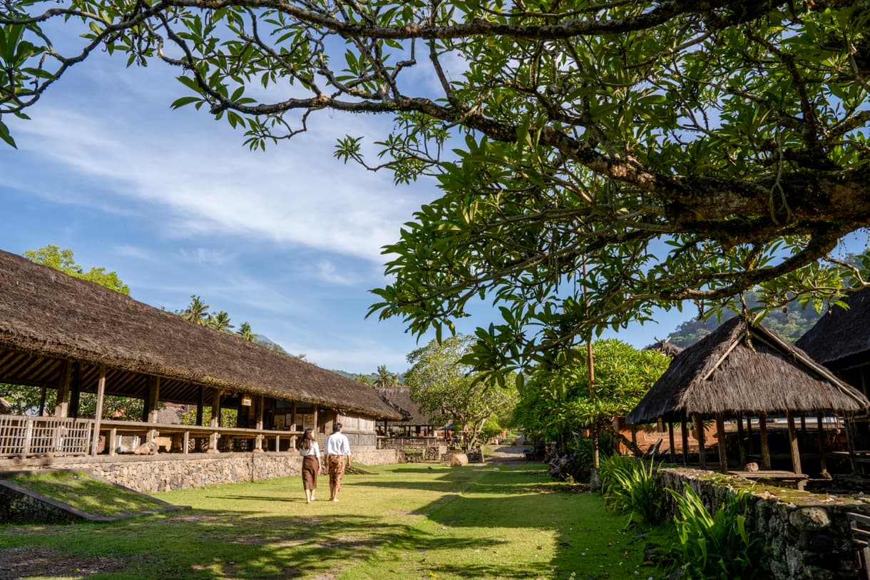 Desa Tenganan, village Bali Aga avec maisons traditionnelles et verdures environnantes