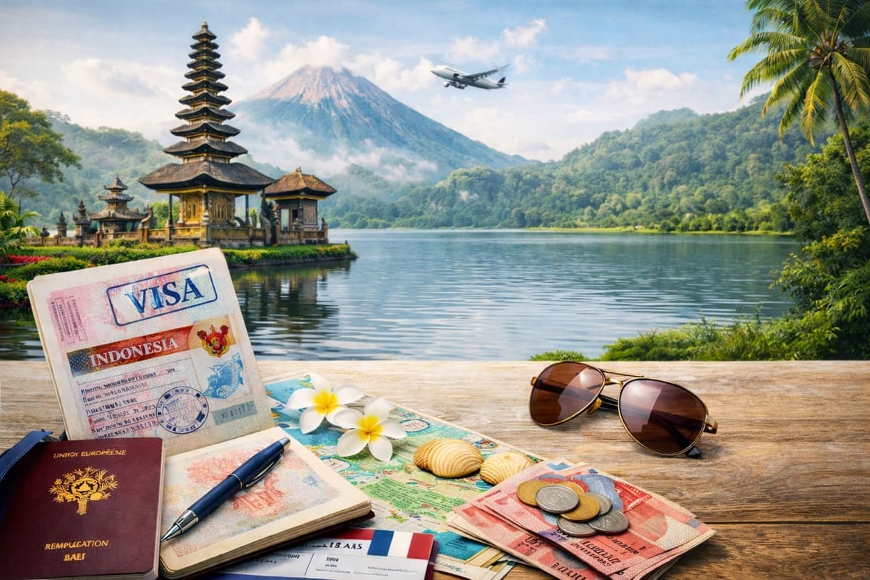 Visa pour Bali avec passeport, monnaie et paysage indonésien