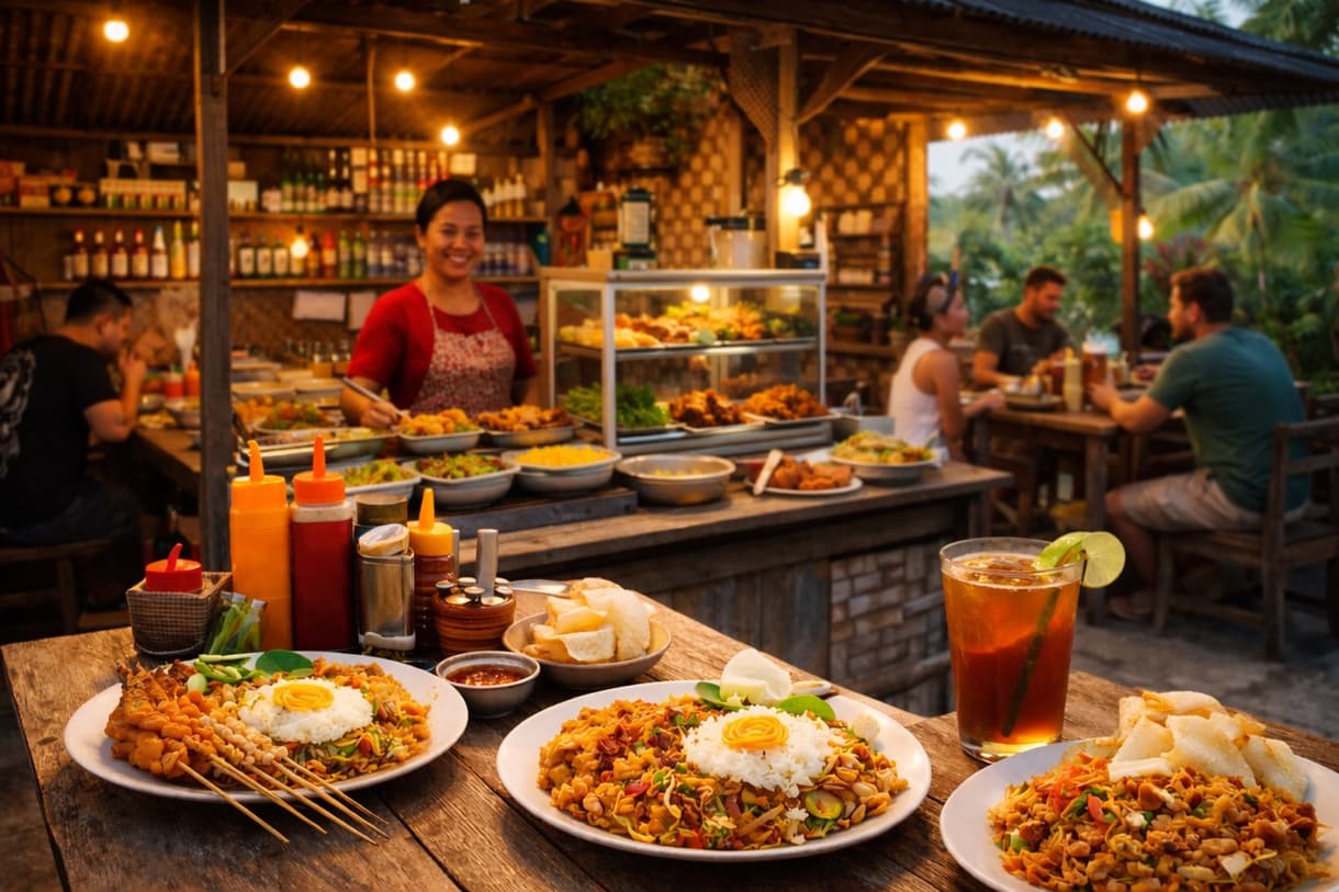 Un warung à Bali avec plats locaux, boissons et clients profitant de l'ambiance chaleureuse.