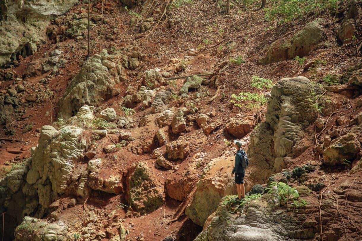 Randonneur explorant un terrain rocheux au Belize, entouré de végétation luxuriante.