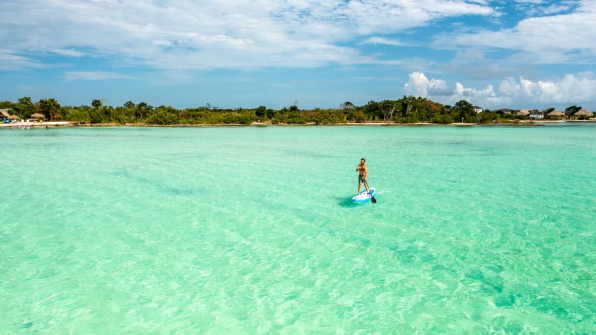 Homme en paddle sur une eau turquoise bordée de végétation dans un cadre idyllique