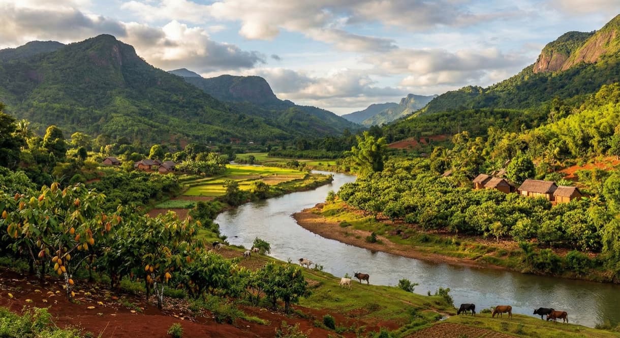 Ambanja, Vallée du Sambirano : rivière entourée de plantations de cacao et collines verdoyantes