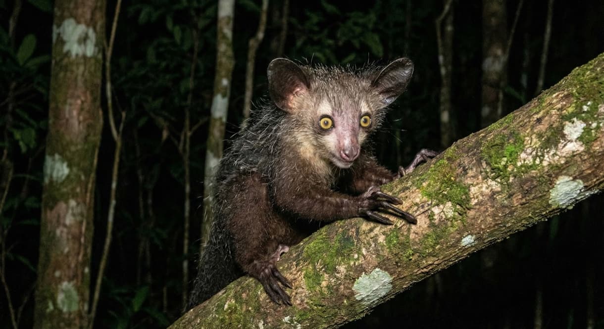 Aye-aye affûté grimpant sur une branche dans la forêt tropicale de Madagascar