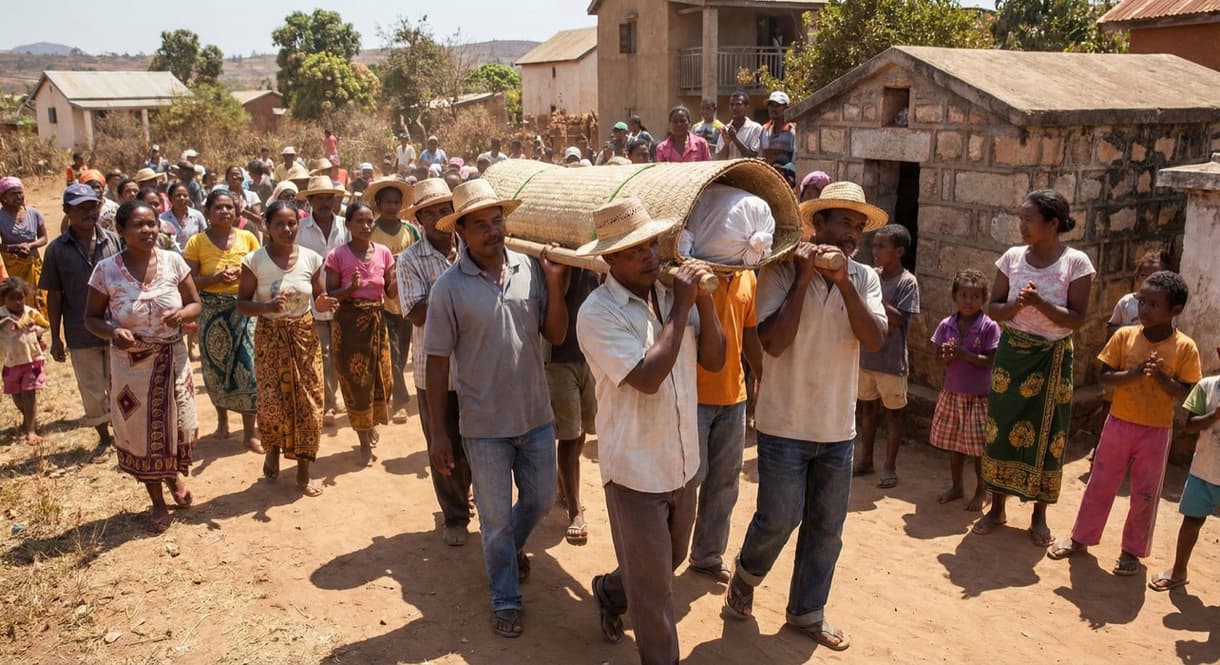 Cérémonie de Famadihana à Madagascar, village animé avec des participants portant un cercueil en paille.
