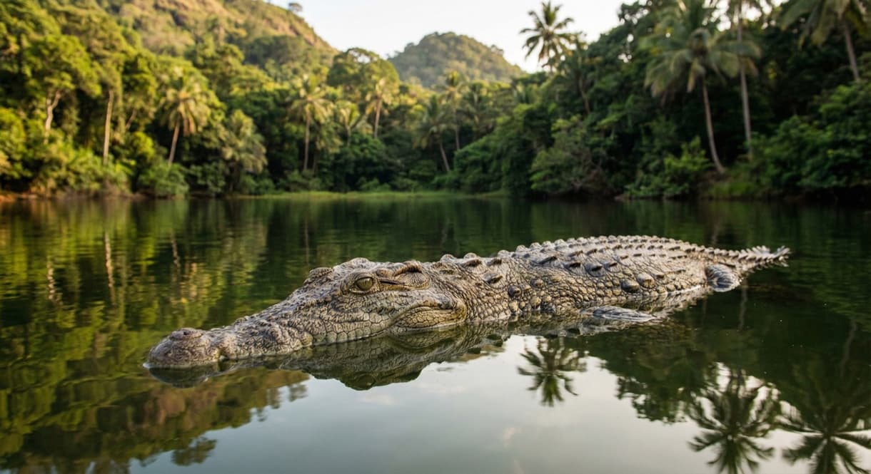 Crocodile nageant dans un environnement naturel, entouré de végétation tropicale et de reflets dans l'eau