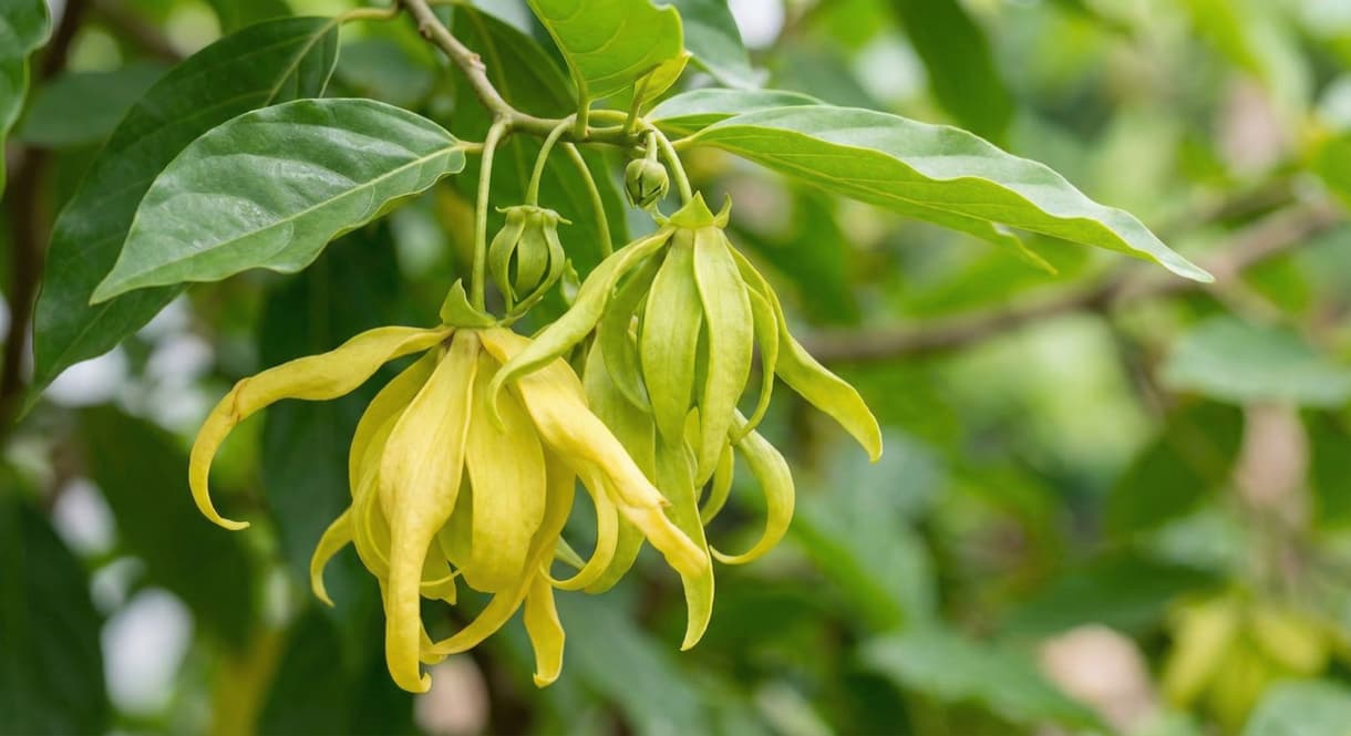 Fleurs d'ylang-ylang jaunes sur une branche, symbolisant les huiles essentielles