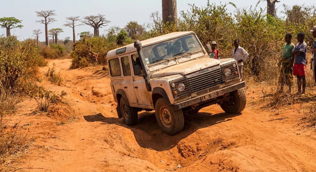 Un 4x4 sur la Route Nationale 5 à Madagascar, entouré de baobabs et de terre aride.