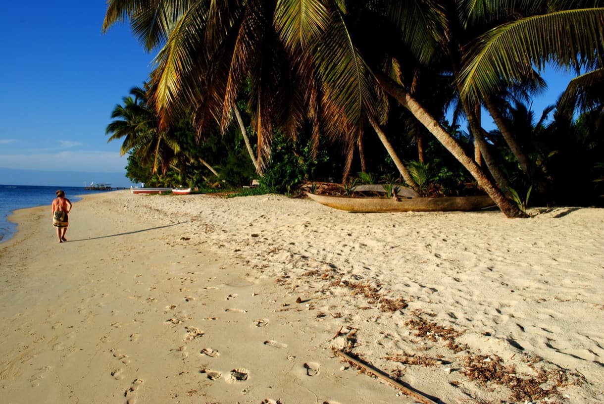 Plage de Sainte-Marie à Madagascar, avec palmiers et un promeneur sur le sable.