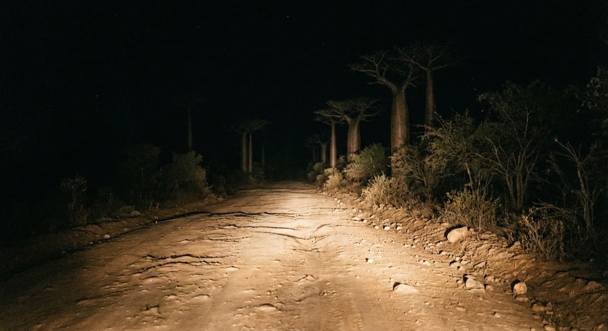 Route de nuit à Madagascar, bordée de baobabs, ambiance sombre et mystérieuse.