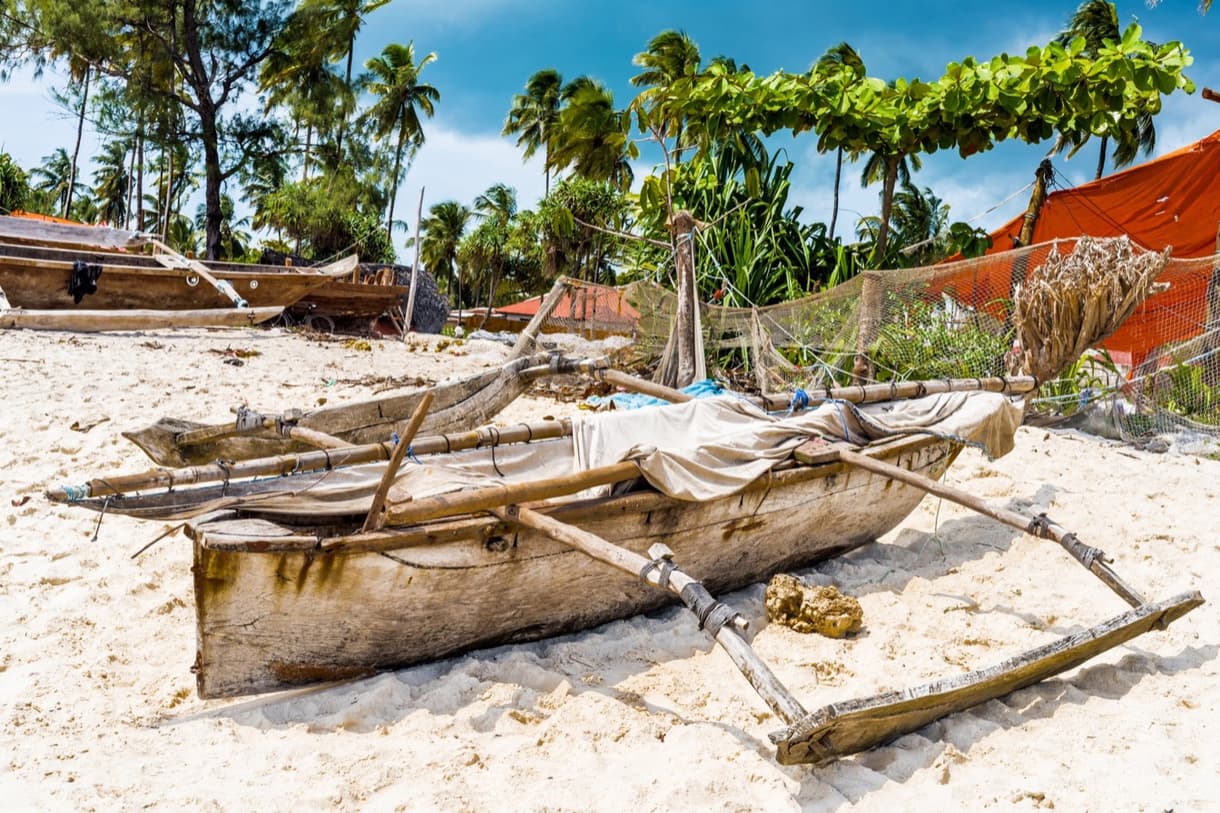Tuléar : barques de pêche traditionnelles sur la plage, entourées de palmiers.