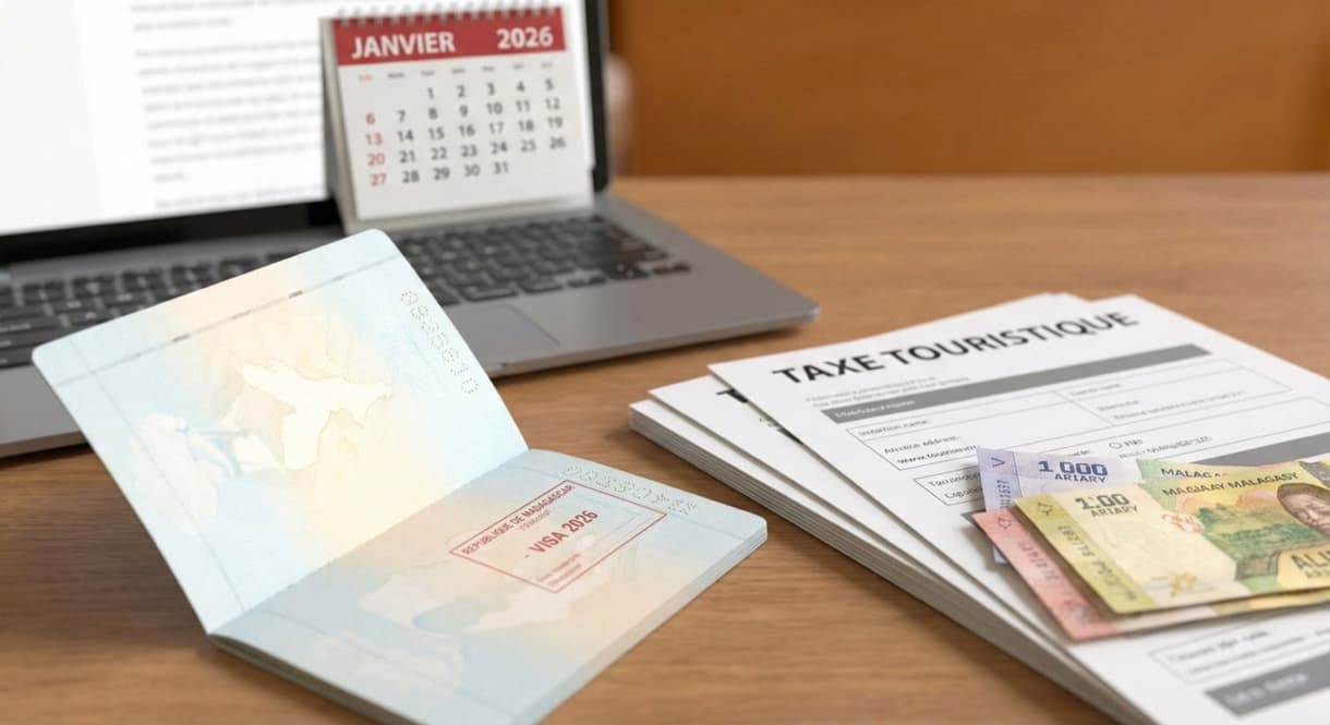 Visa pour Madagascar 2026 avec documents fiscaux et monnaie locale sur un bureau