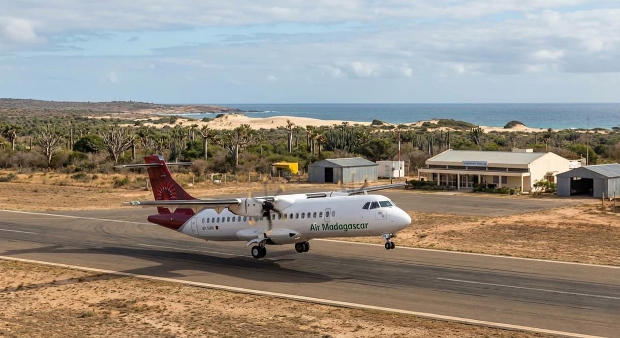 Un avion d’Air Madagascar atterrit sur une piste entourée de nature et de plages, à Madagascar.
