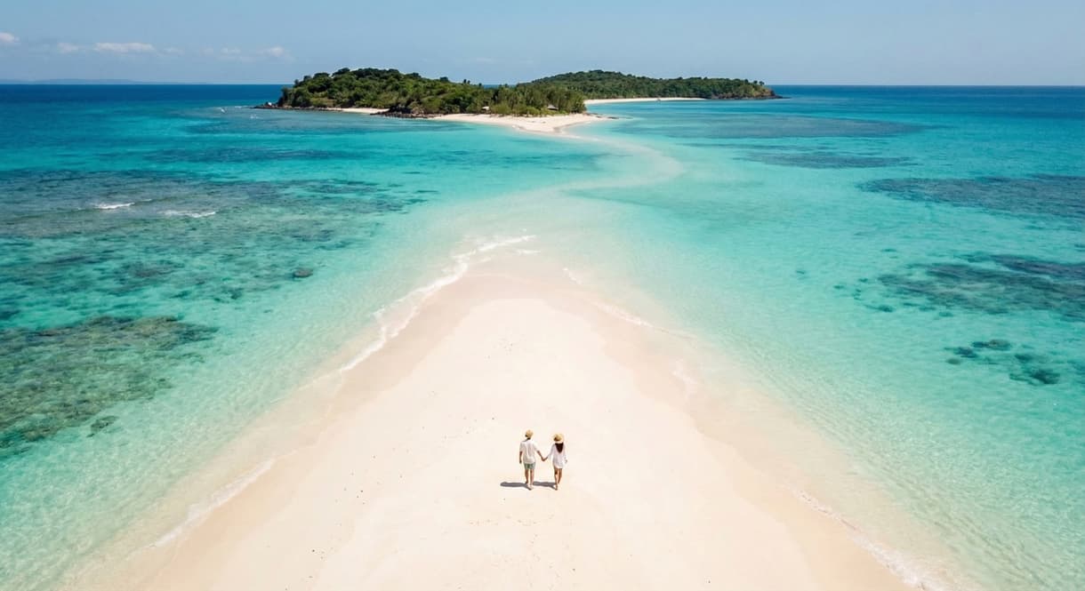 Voyage de noces à Madagascar : couple marchant sur une plage de sable blanc bordée d'eaux turquoise