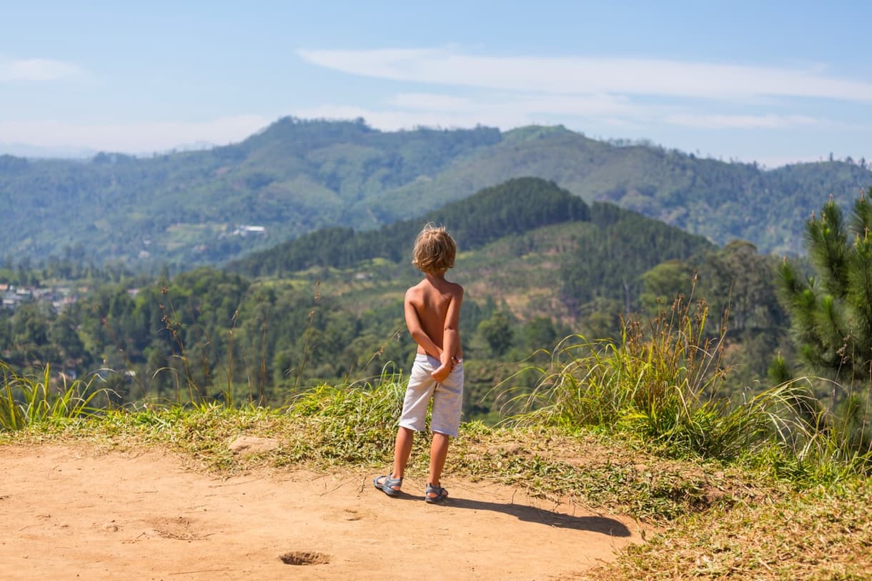 Enfant admirant le paysage montagneux du Sri Lanka, entouré de verdure et de pinèdes.
