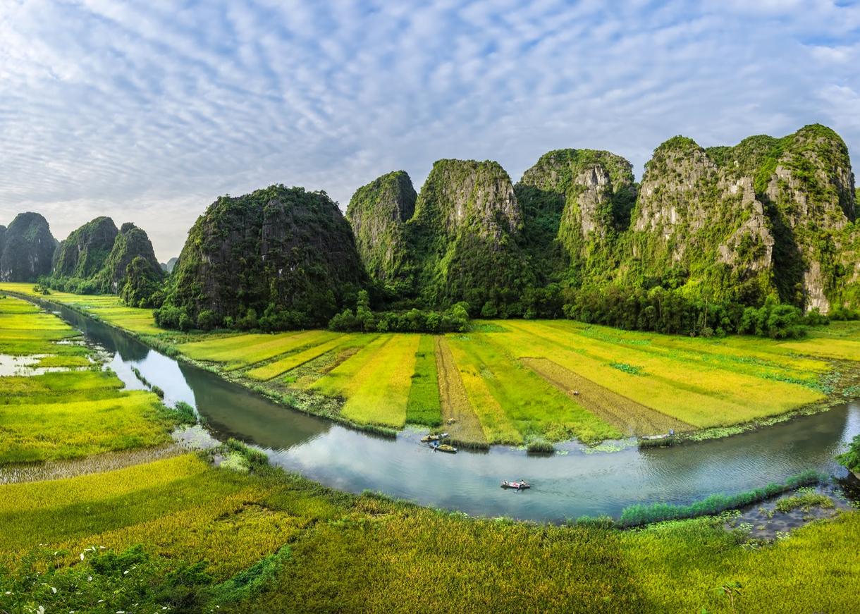Paysage du Vietnam avec rizières, montagnes verdoyantes et rivière sinueuse.